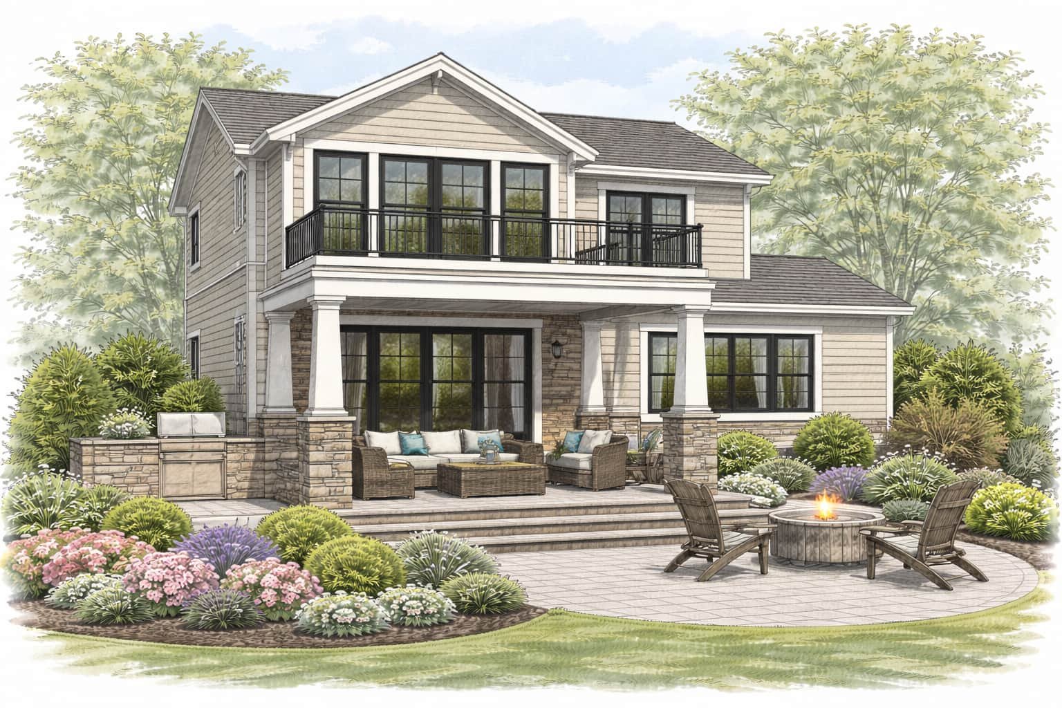 This colored architectural drawing highlights a two-story home addition with a covered patio below and an upper-level living space, designed to expand square footage while maintaining architectural continuity with the original home.