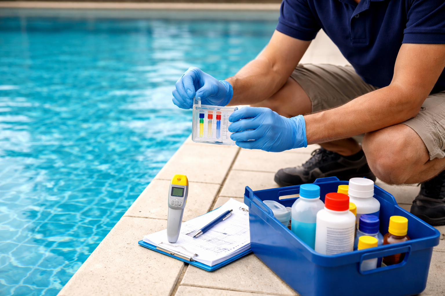 Pool test kit next to pool