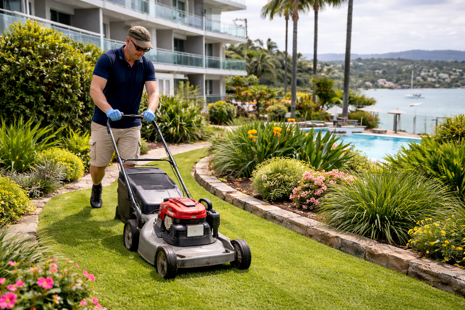 A man mowing a lawn with a push mower near a pool and water view