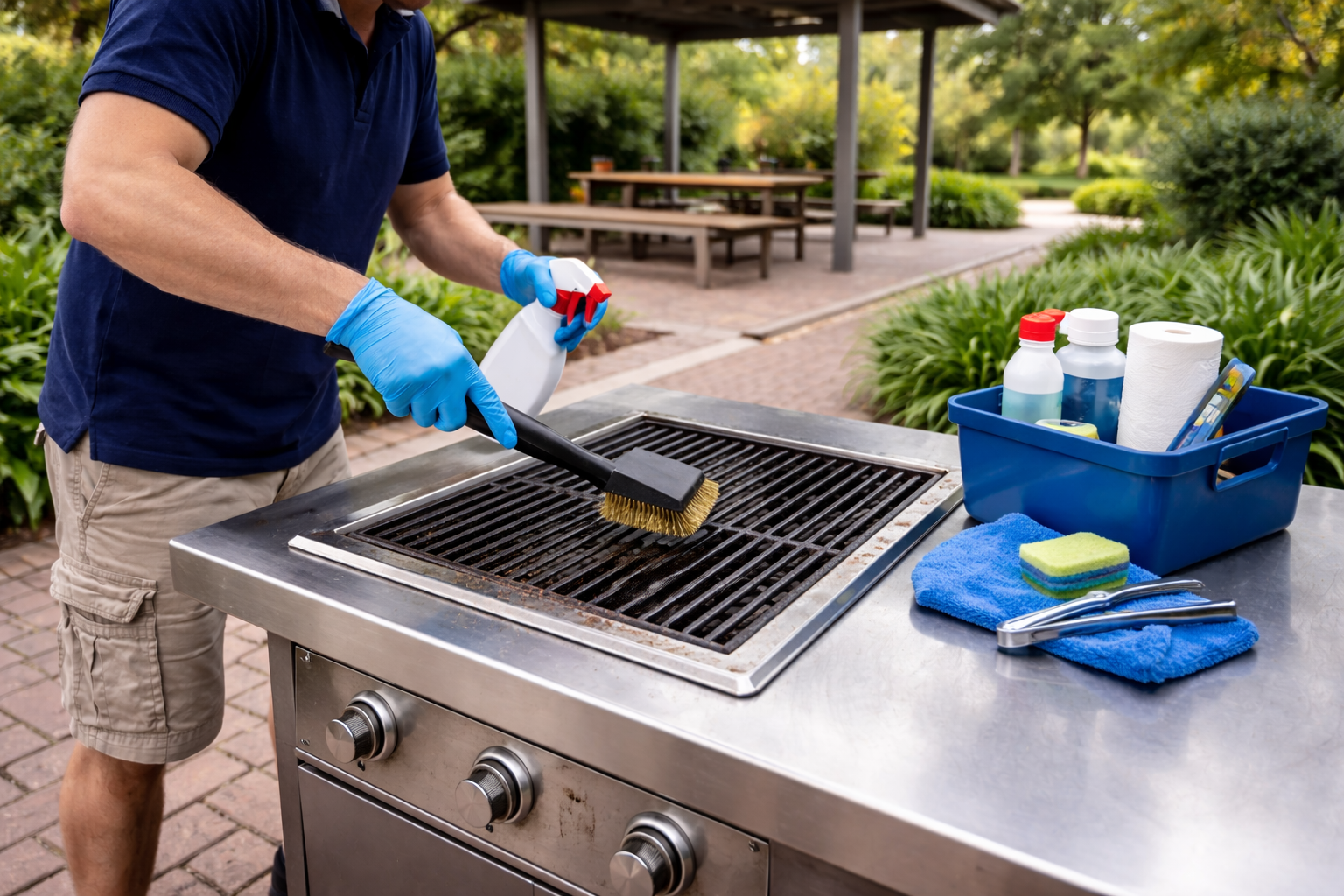 Person cleaning a barbecue grill outdoors with cleaning tools and supplies.