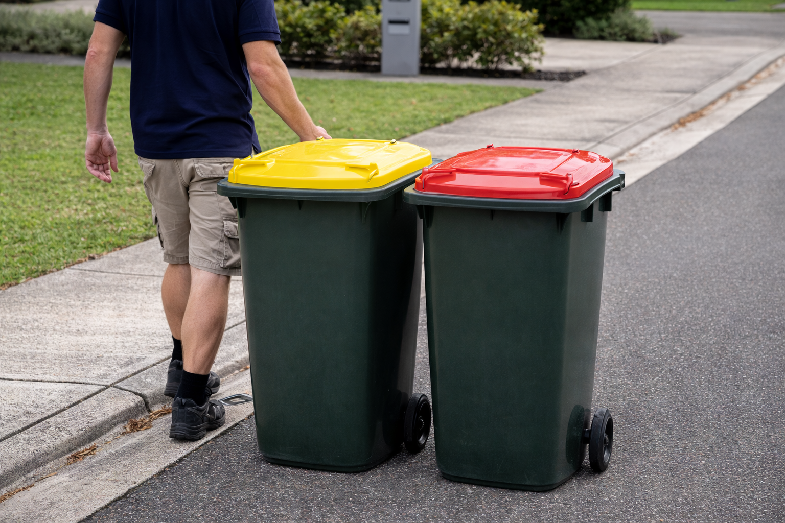 A person walking beside two large gray trash bins with yellow and red lids on a suburban street.