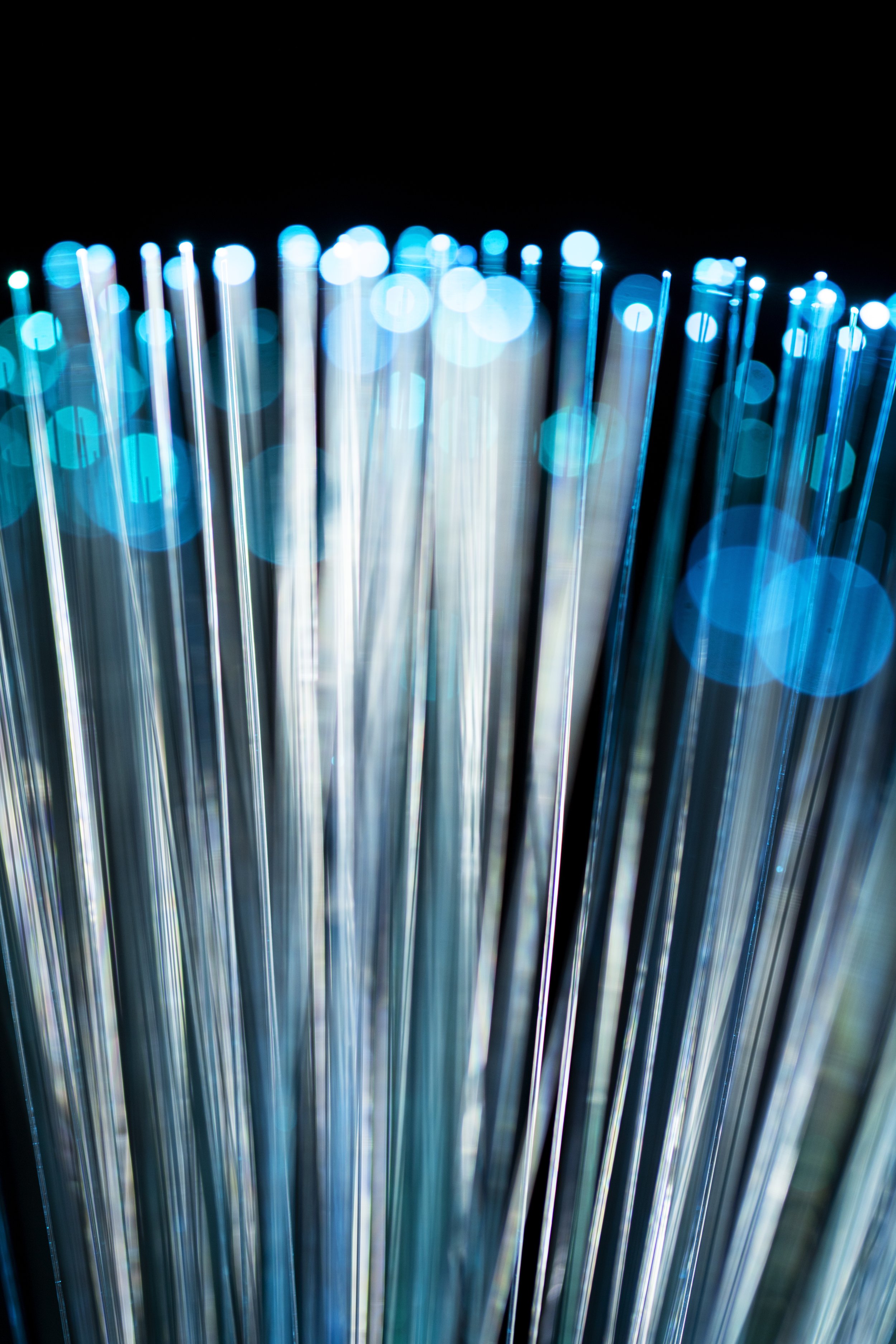 Close-up of bundled fiber optic cables emitting bright blue light on a black background.