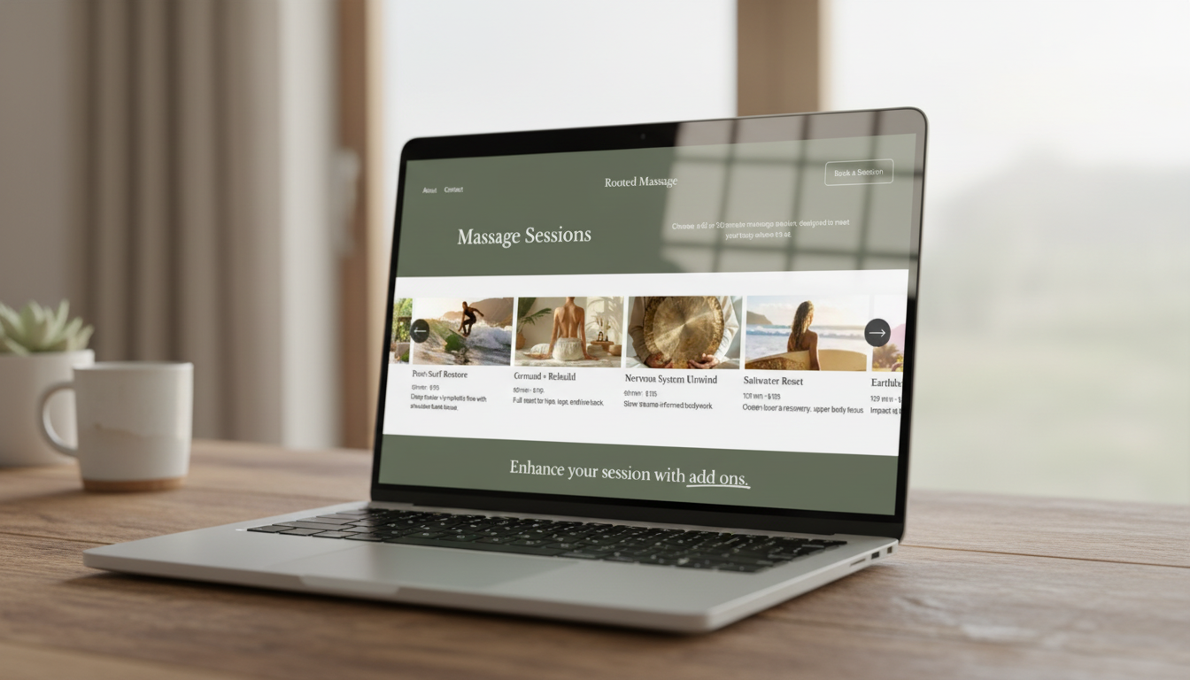 Rooted Massage website, additional page view