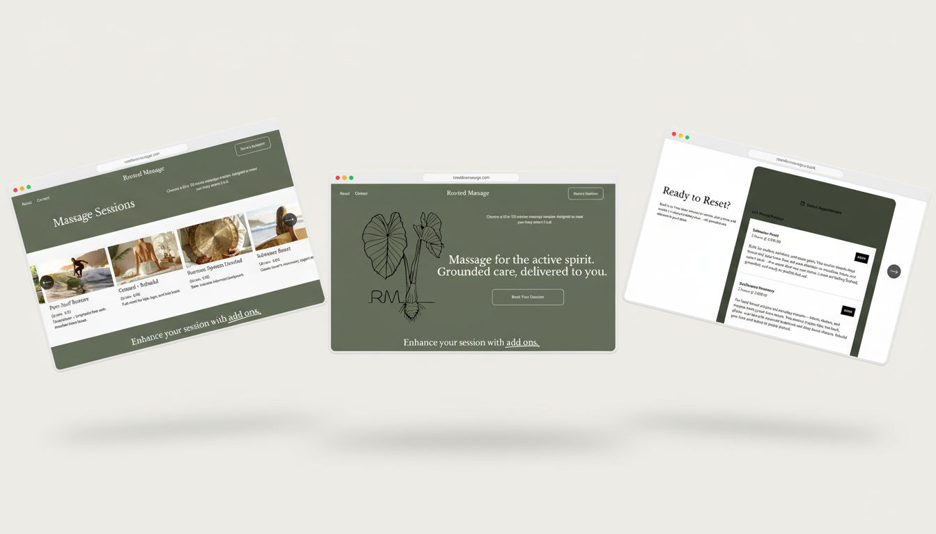 Rooted Massage website, booking flow view