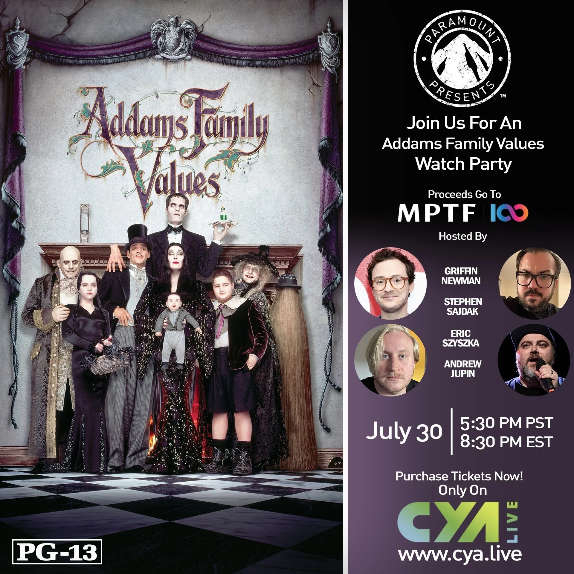 Promotional poster for an Addams Family Values watch party featuring the cast in costume, with event details and hosts' photos on the right side.