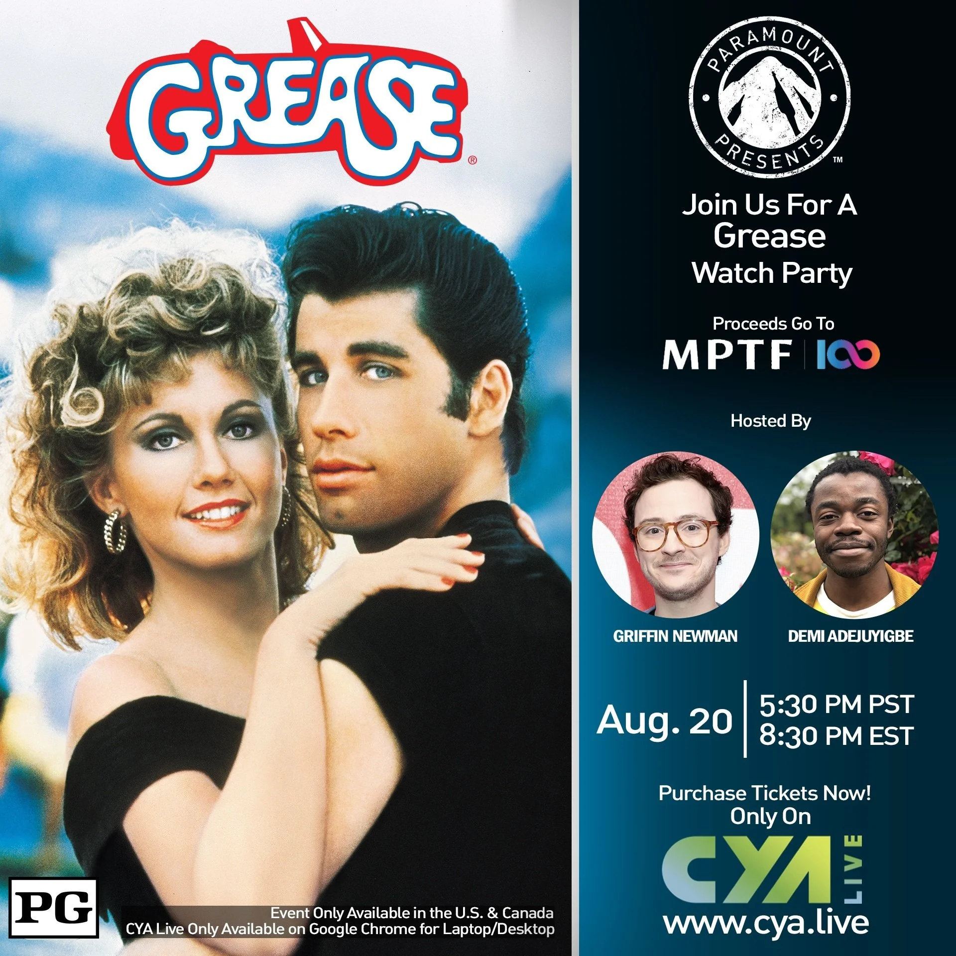 Promotional poster for a Grease watch party event featuring characters Danny and Sandy. Includes details of the event hosted by Griffin Newman and Demi Adejugbe on August 20th at 5:30 PM PST / 8:30 PM EST, with proceeds going to MPTF. The poster also