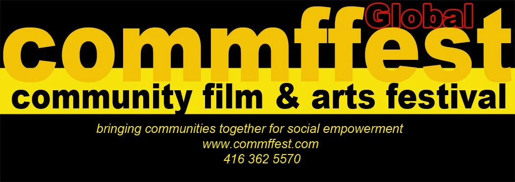 Graphic for Global Commfest, a community film and arts festival, featuring bold yellow, black, and red text with the festival's website and contact number.
