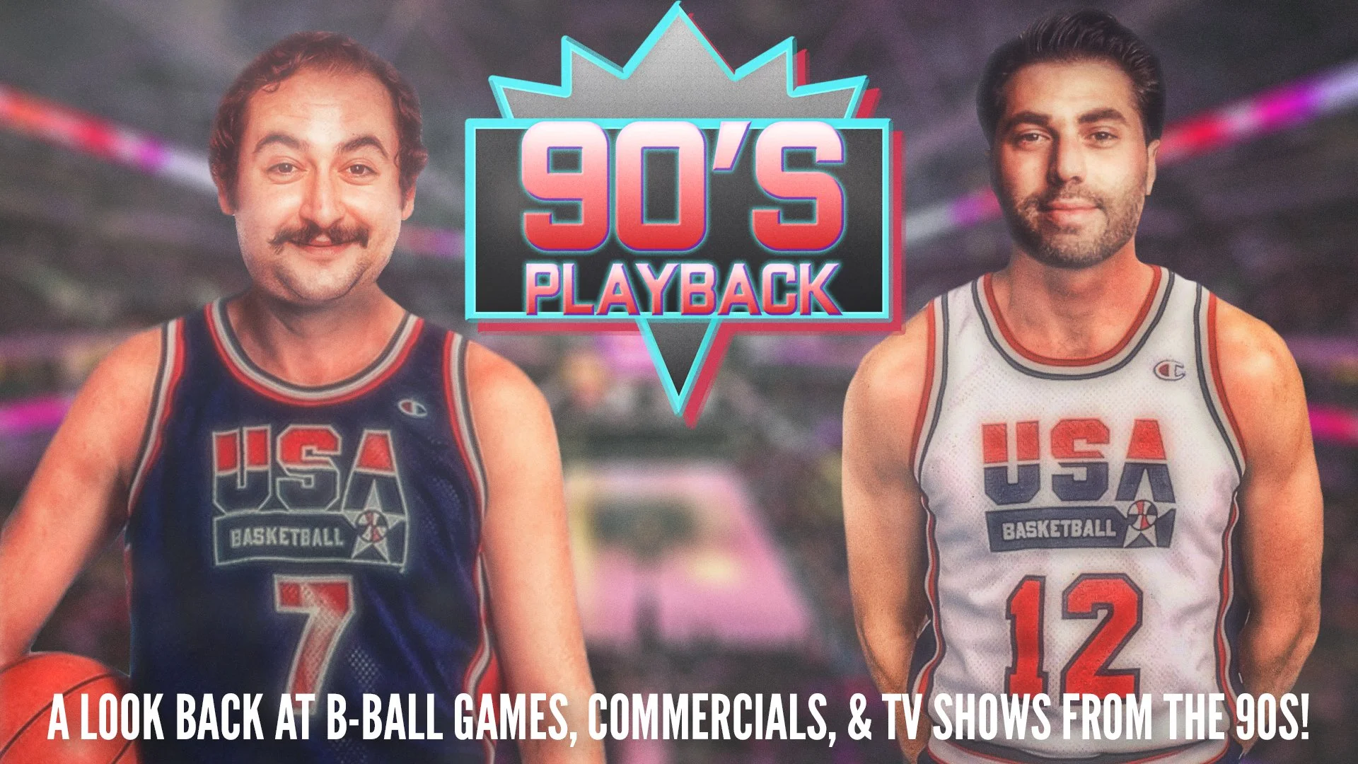 A promotional graphic featuring two men with the faces of the 90s era, wearing USA basketball jerseys, standing against a blurred background with neon lights. The graphic has a neon-style text that reads '90's Playback' and a caption at the bottom th