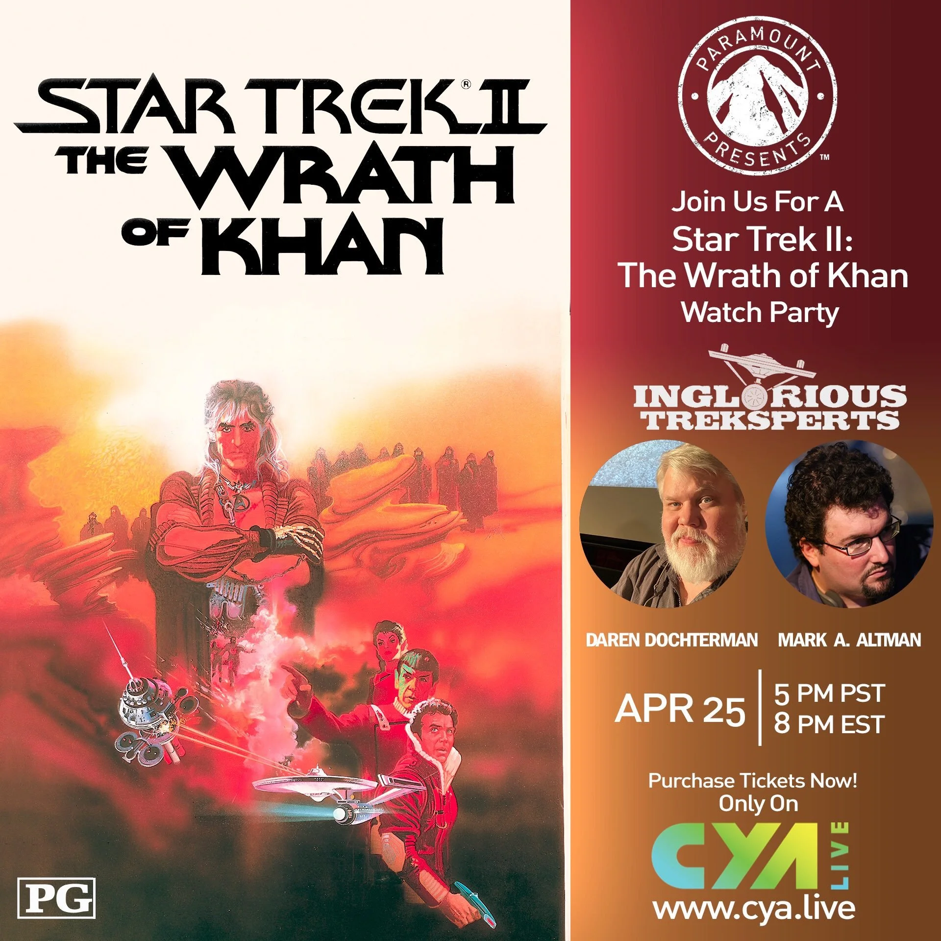 Promotional poster for a Star Trek II: The Wrath of Khan watch party, featuring characters from the movie, event details, and photographs of two speakers, Daren Docherman and Mark A. Altman.