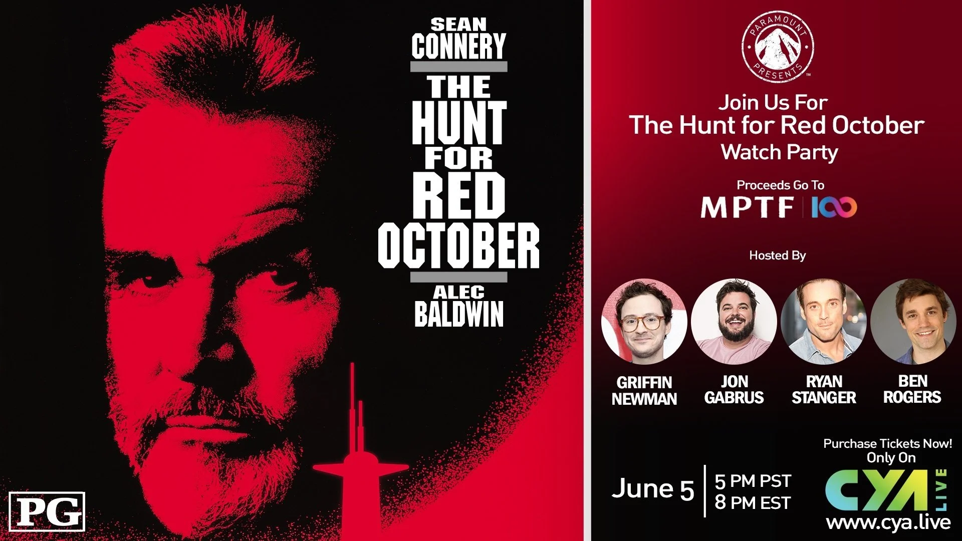 Promotional poster for an event called "The Hunt for Red October" hosted by Alec Baldwin, with a large red and black illustration of Alec Baldwin's face and a silhouette of a submarine. The event features speakers Griffan Newman, Jon Gabrus, Ryan Sta