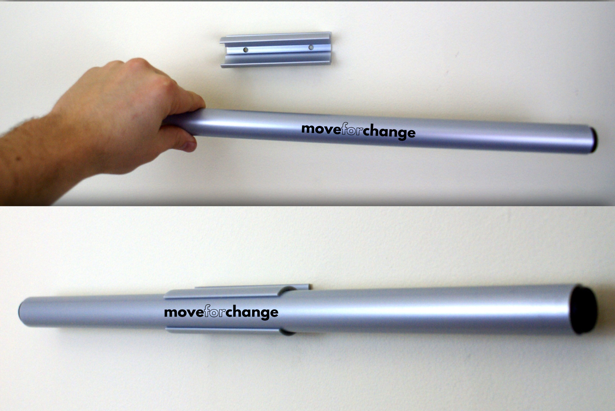 A person holding a silver metal pole with the words 'move for change' printed on it, mounted on a white wall with a matching metal wall mount bracket above it.