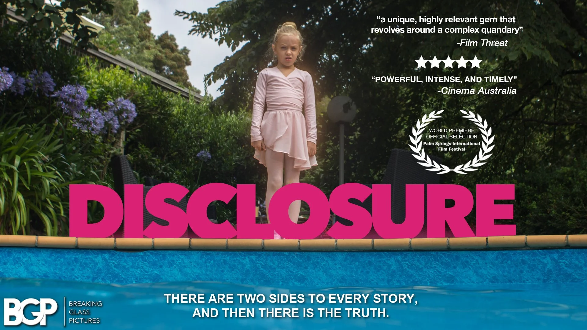 A young girl in a pink dress and tights standing by a swimming pool, surrounded by lush trees and purple flowers, with bold pink text reading 'Disclosure' in front of her.