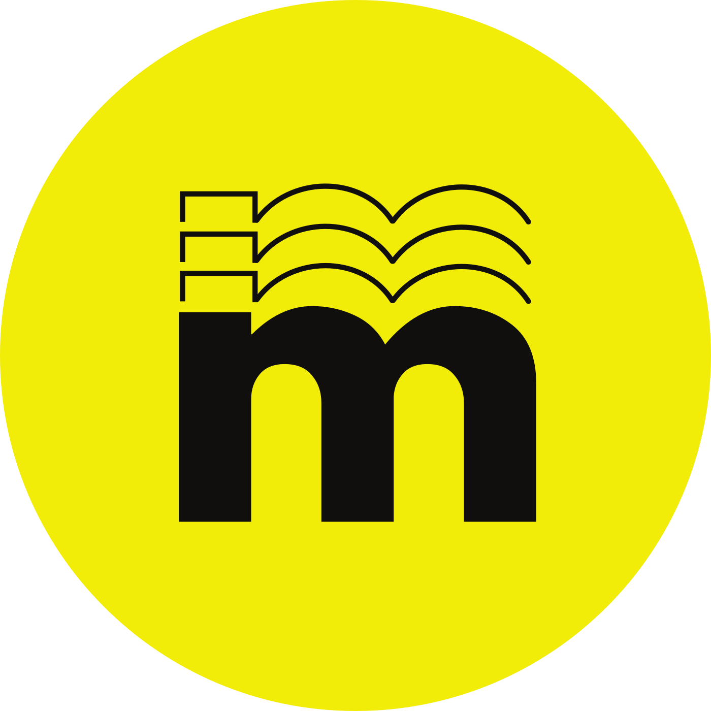 Logo with a large black lowercase 'm' and three abstract book or wave shapes above it on a yellow circular background.