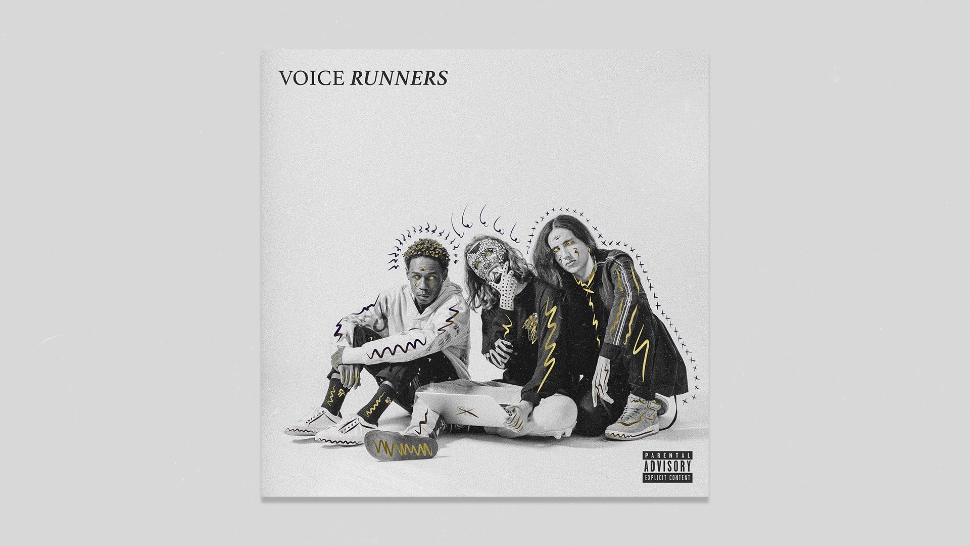 Album cover of Voice Runners featuring three young people with animated yellow and black lightning designs on their clothing, sitting on the ground with a laptop, with a parental advisory label in the bottom right corner.