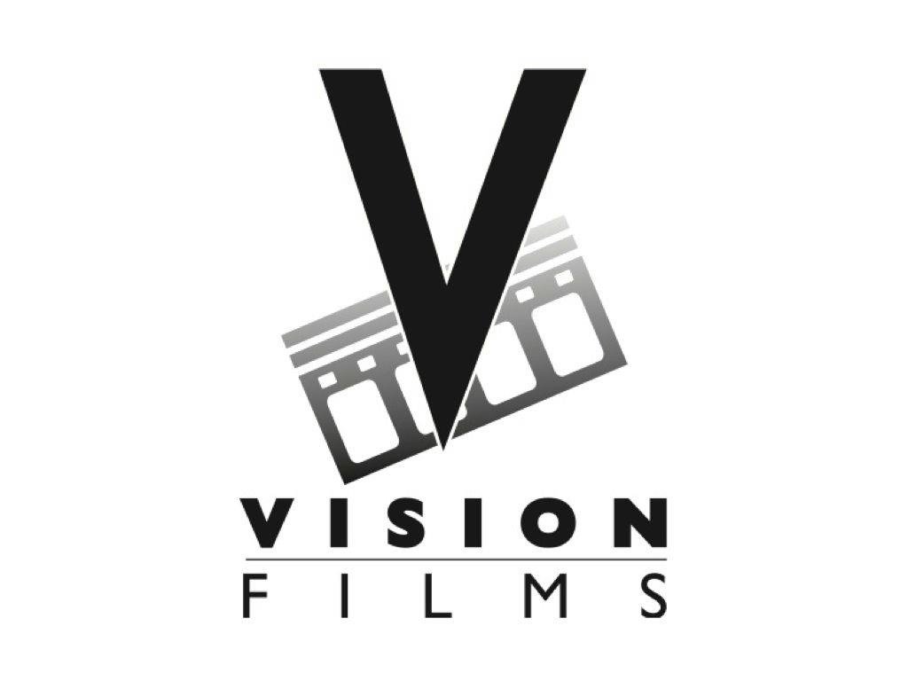 Logo for Vision Films, featuring a large black letter V, two film strips, and the company name beneath.
