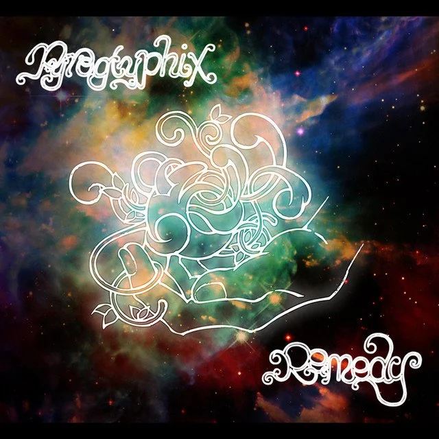 A colorful galaxy background with white artistic line drawings of a hand holding tangled lines, and words 'Protographix' in the top left and 'Remade' in the bottom right in decorative script.