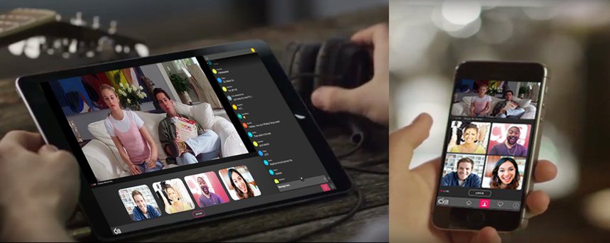 A person holding a smartphone and another person with a tablet, both displaying video calls with multiple participants.