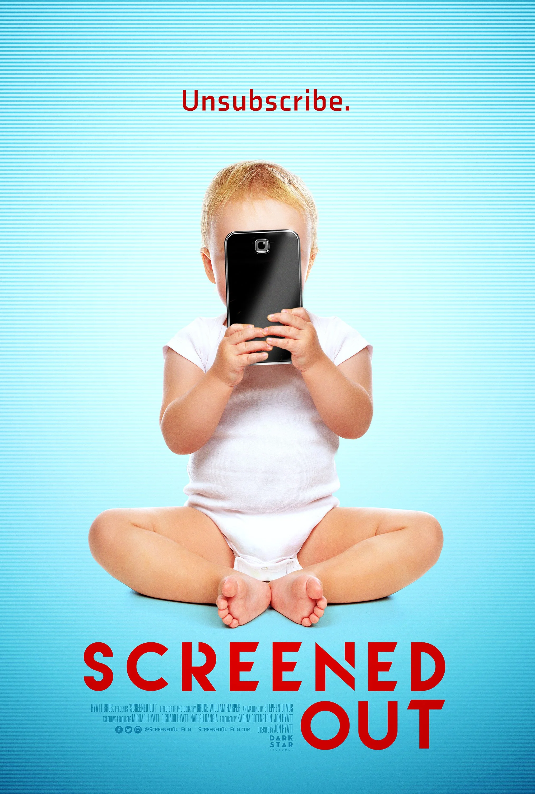 Young child sitting cross-legged holding a smartphone, covering face, on a blue background with the text 'Unsubscribe.' at the top and 'SCREENED OUT' at the bottom in red letters.
