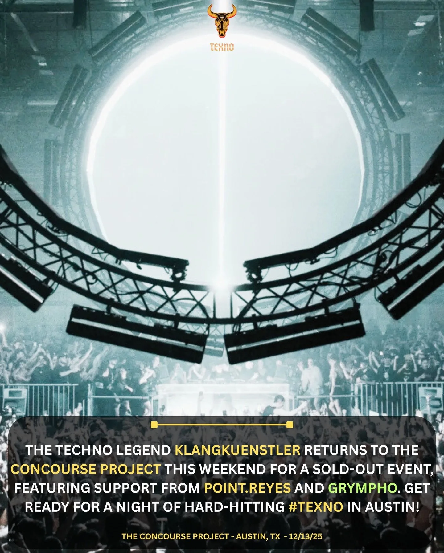 Its a great weekend in #texno ! Tomorrow @klangkuenstler is back in Texas at @theconcourseproject with 🔥 opening act @point.reyes &amp; @grympho_ ⛓️. Who ready for tomorrow 👋🏼
#klangkuenstler #hardtechno