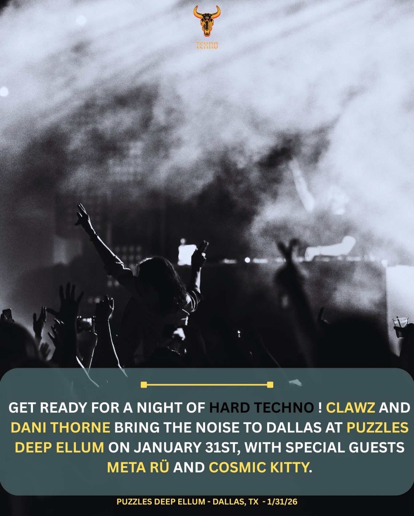Get ready for some hard hitting bass as @_clawz_ &amp; @dani_thorne taking over @puzzlesdeepellum this Saturday with local support @djmetaru @cosmickittymusic . ⛓️🖤

#texno #hardtechno #dallas