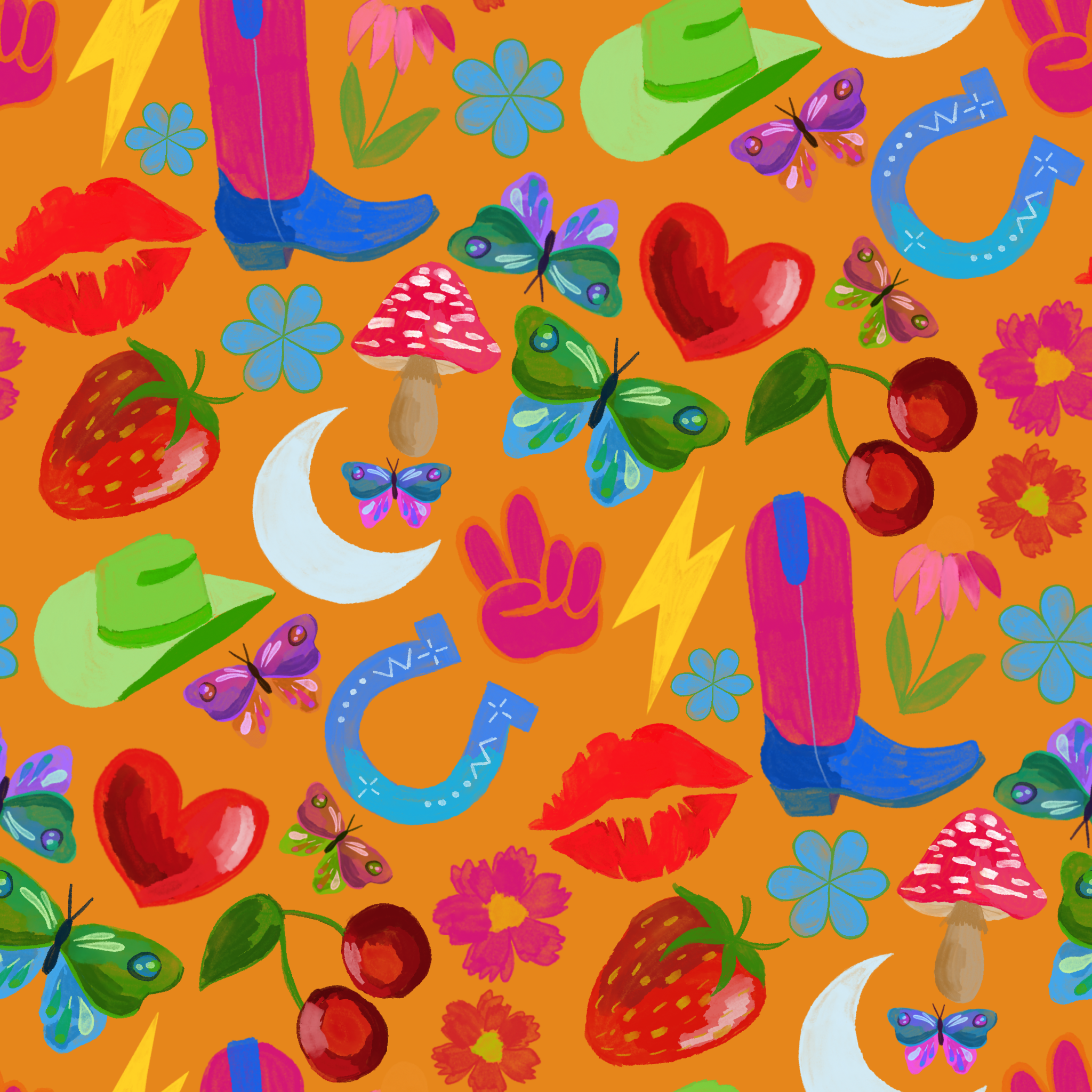 A colorful, whimsical pattern featuring various objects and symbols on an orange background. Includes strawberries, cherries, mushrooms, lips, hearts, butterflies, blue flowers, a green hat, a pink fist, a yellow lightning bolt, pairs of lips, moons, and horseshoe shapes, all painted in a playful, illustrative style.