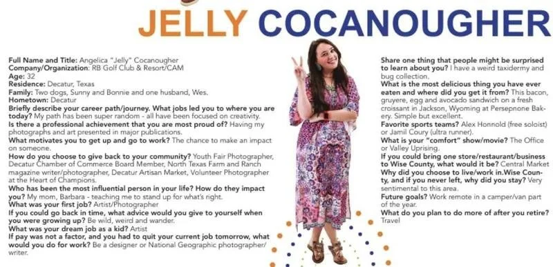 Poster titled 'Jelly Coconaugher' featuring a woman in a floral dress and sneakers, smiling and standing confidently, with colorful dots and text around her. The poster includes questions about career, achievements, dreams, and personal insights.