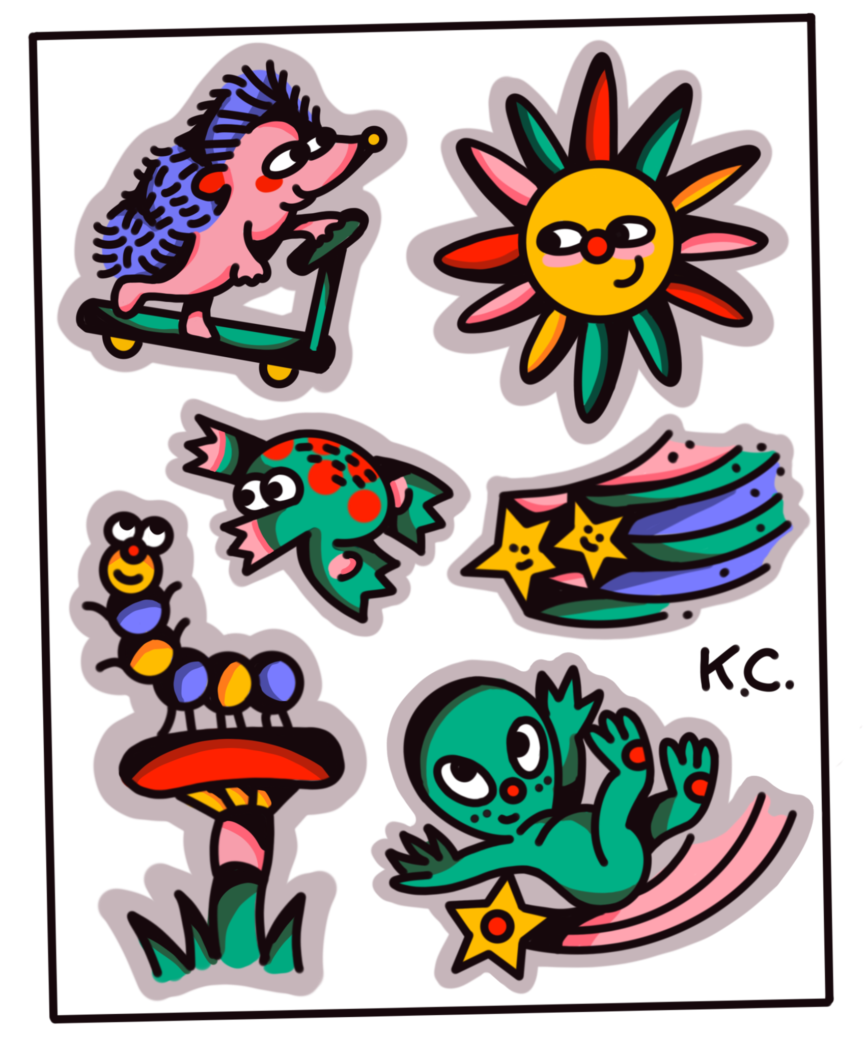 Colorful flash designs of various creatures and objects, including a hedgehog on a skateboard, a smiling sun with a face, a colorful frog, a caterpillar on a mushroom, a shooting star, and a green alien waving.