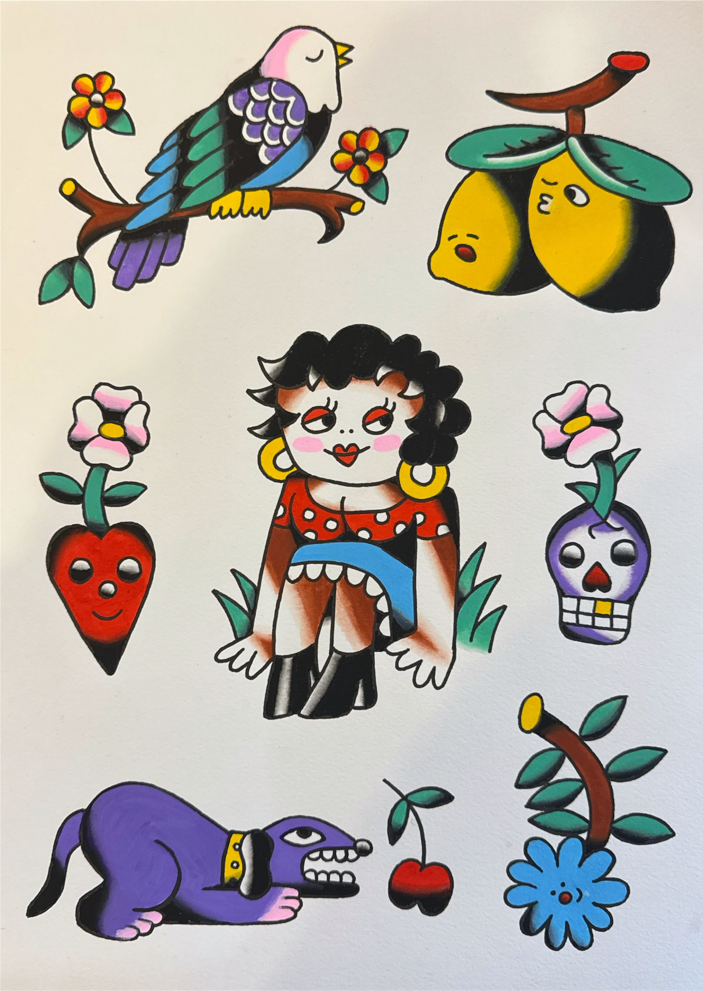 Tattoo Flash Sheet of a woman with black hair, wearing a red polka dot dress, a bird on a branch, two lemons, a heart with a face and a flower growing from it, a skull with a flower growing from it, a purple dog, and a cherry.
