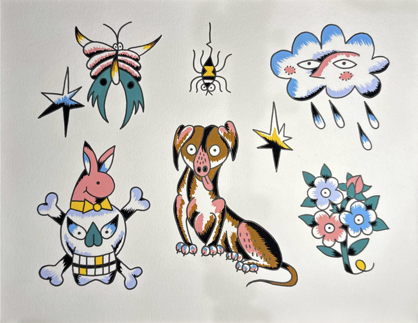 Tattoo Flash Sheet of a butterfly, spider, cloud with raindrops, rabbit on top of a skull, a silly looking dog, and flowers, all outlined in black with vibrant pink, blue, yellow, and orange accents.