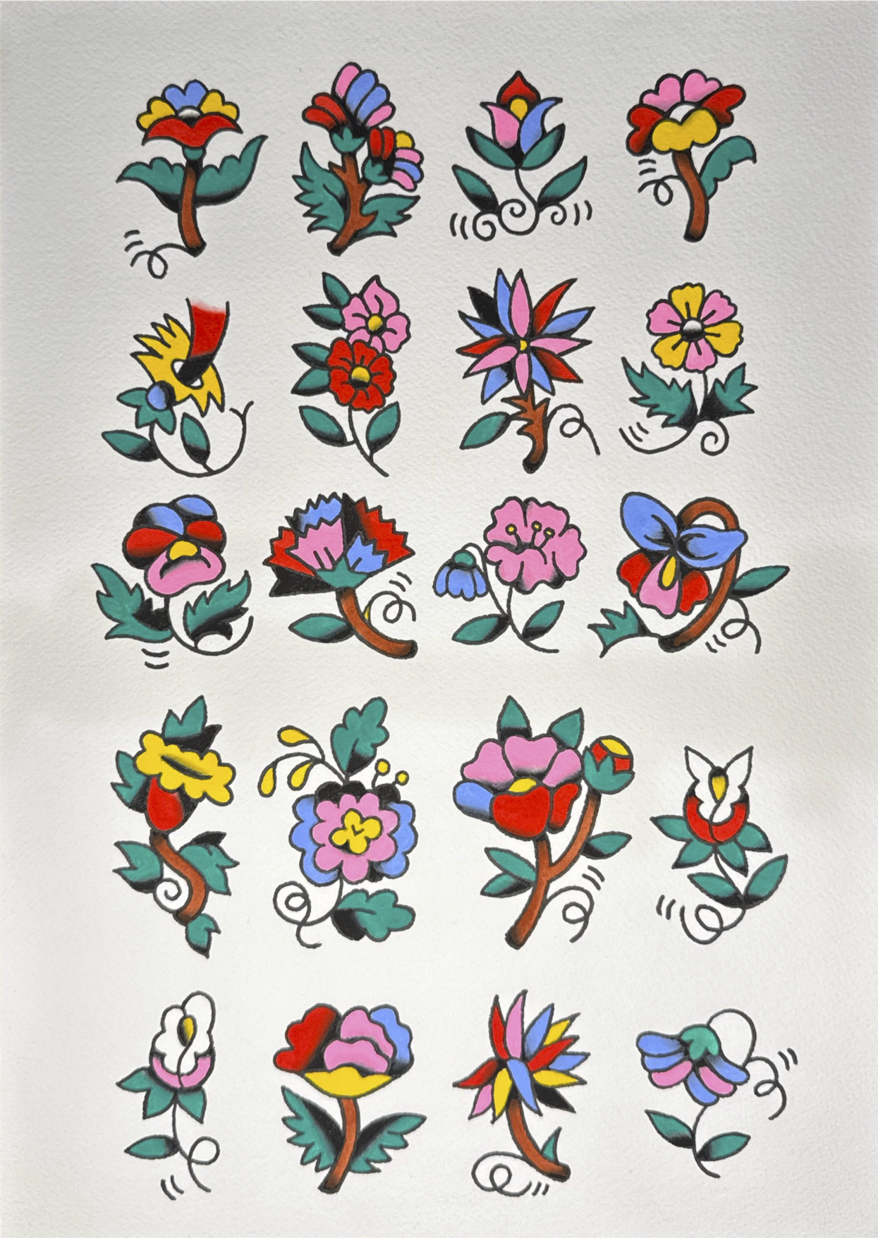 Tattoo Flash Sheet of colorful traditional  designs of various stylized flowers on white background.