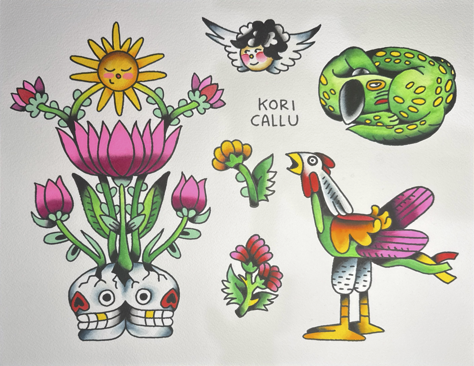 Tattoo Flash Sheet featuring a sun with closed eyes, pink and green plants, a snake coiled in a circle, a rooster with vibrant feathers, two small flowers, and a cherub face with curly hair. 