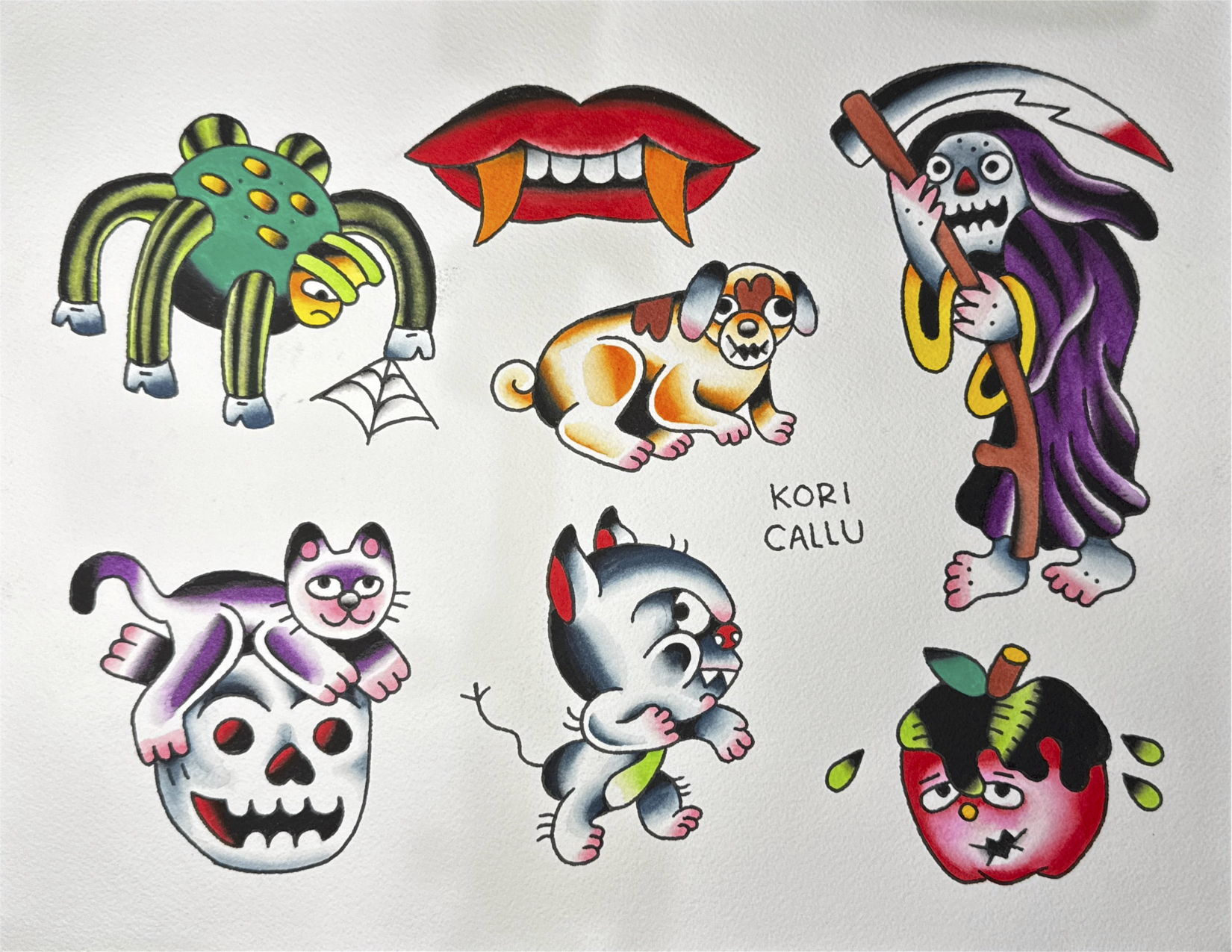Tattoo Flash Sheet of a green spider with a sad face, a set of red lips with fangs, a grim reaper holding a scythe, a black cat with pink paws sitting on a skull, a puppy with patches, a pumpkin, and an apple with leaves and a stem.