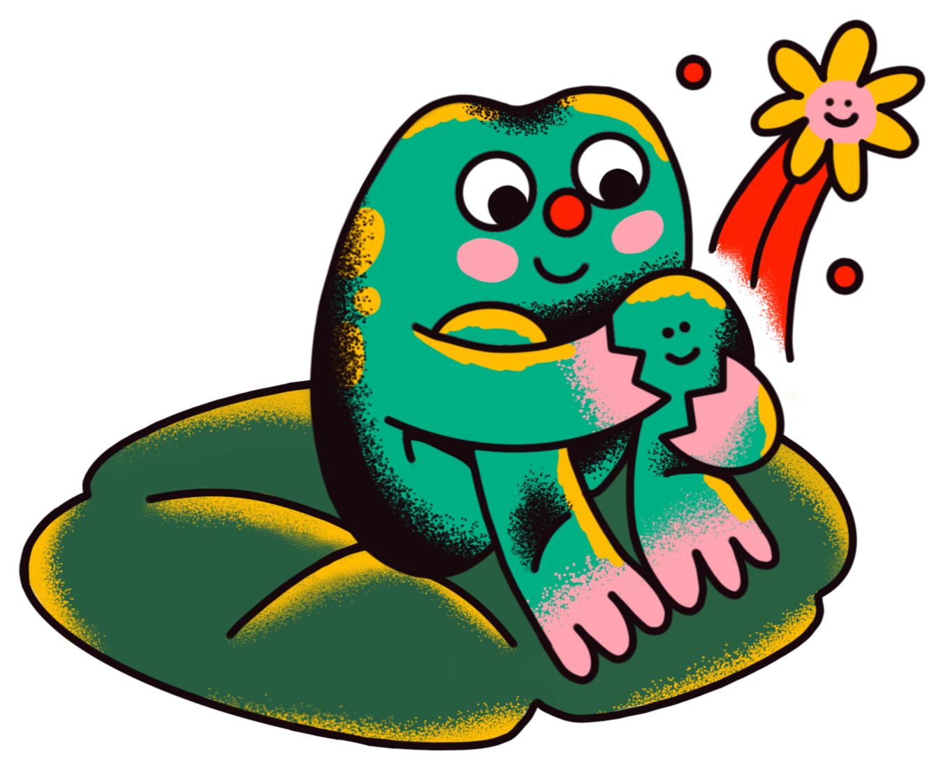 A colorful cartoon creature resembling a dinosaur or dragon, sitting on a green lily pad, holding a cracked eggshell with a smiling baby creature inside. It has big eyes, a red nose, pink cheeks, and a cheerful expression, with a yellow flower on its tail and a red flower on its tail.
