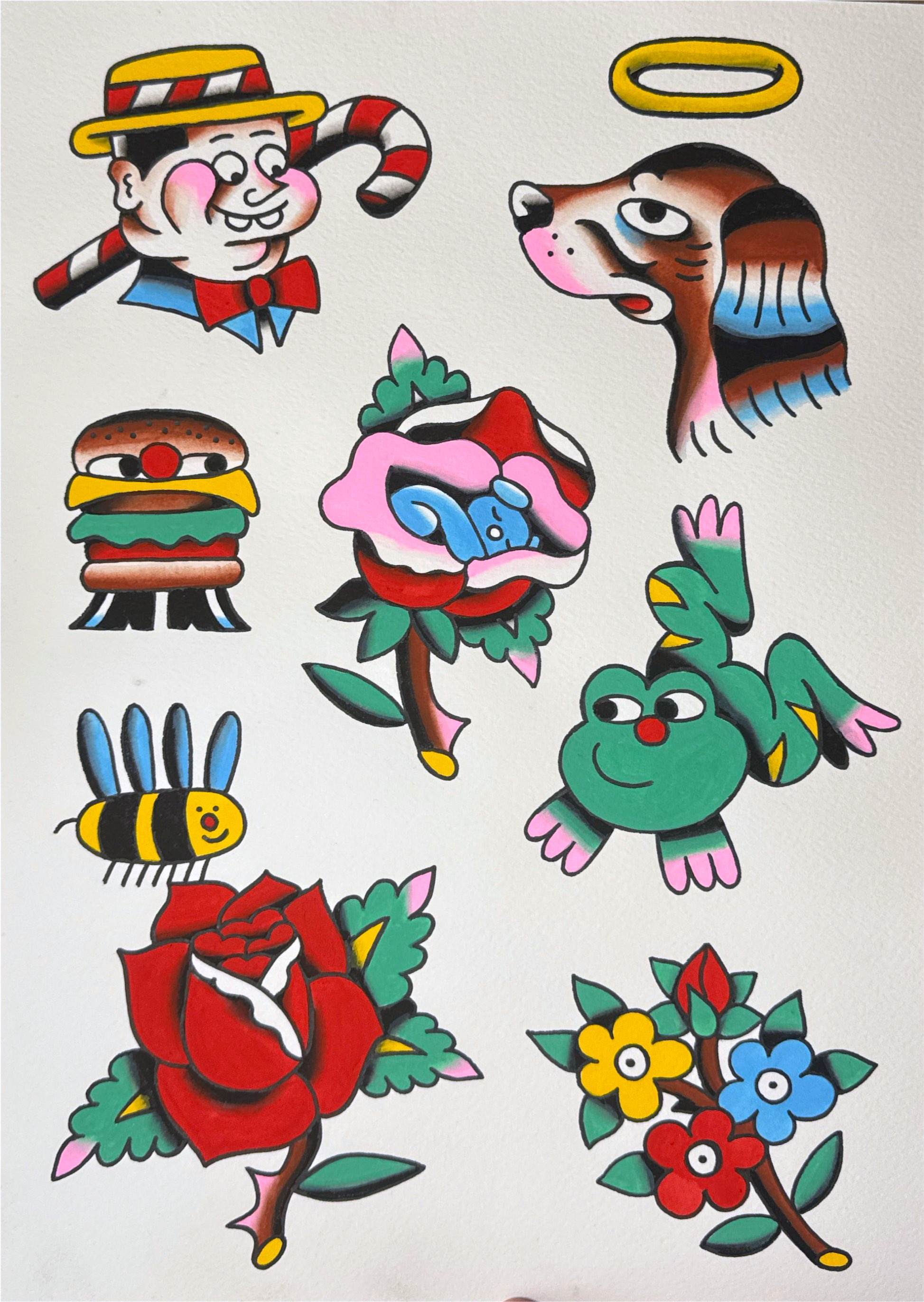 Tattoo Flash Sheet of various characters and objects including a clown with a striped candy cane, a dog's head with a yellow halo, a burger, a pink rose, a green frog, a bee, a red rose, and a branch of red, yellow, and blue flowers.