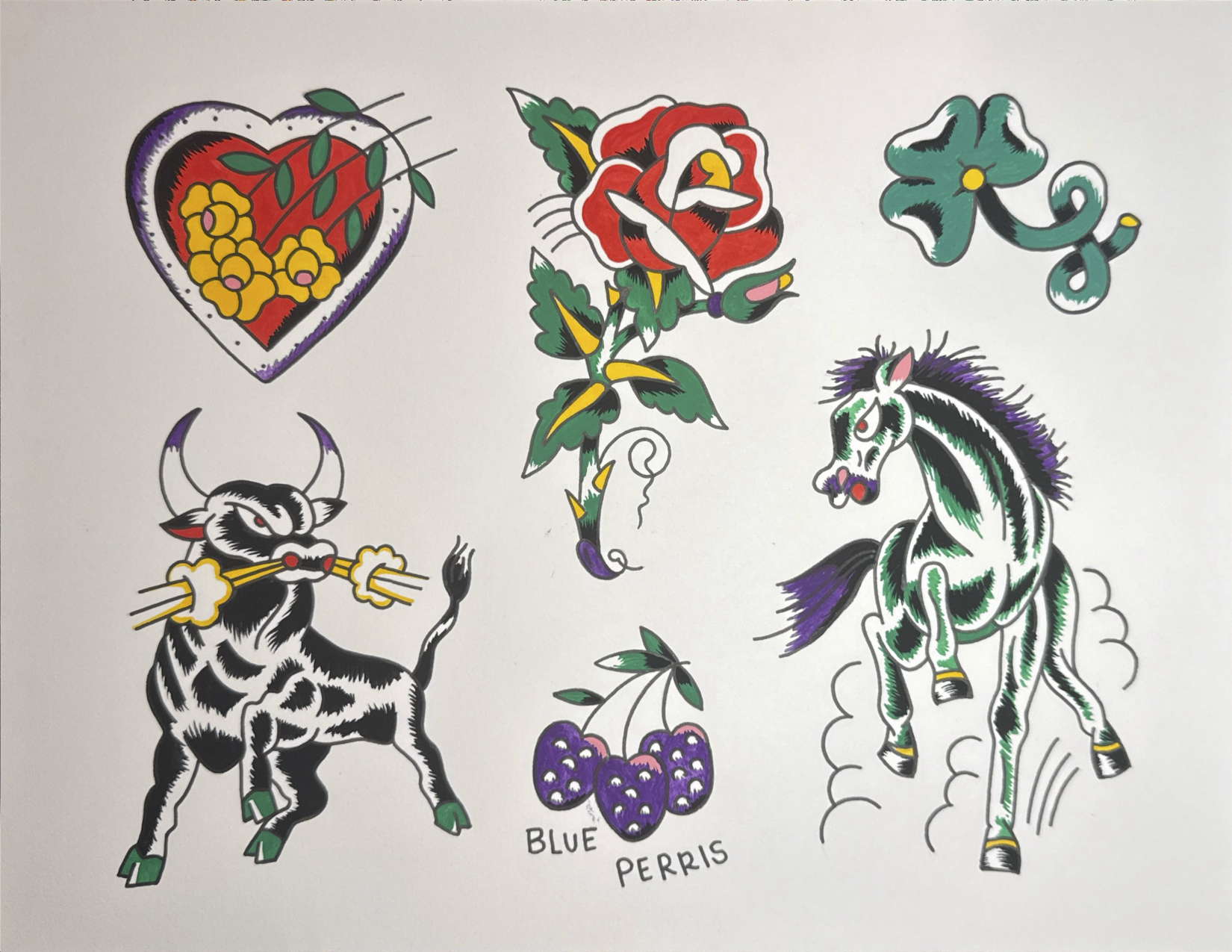 Tattoo Flash Sheet of a heart with yellow flowers, a red rose, a green shamrock, a green and purple mustang, a black and green bull, purple blue berries labeled "Blue Perris."