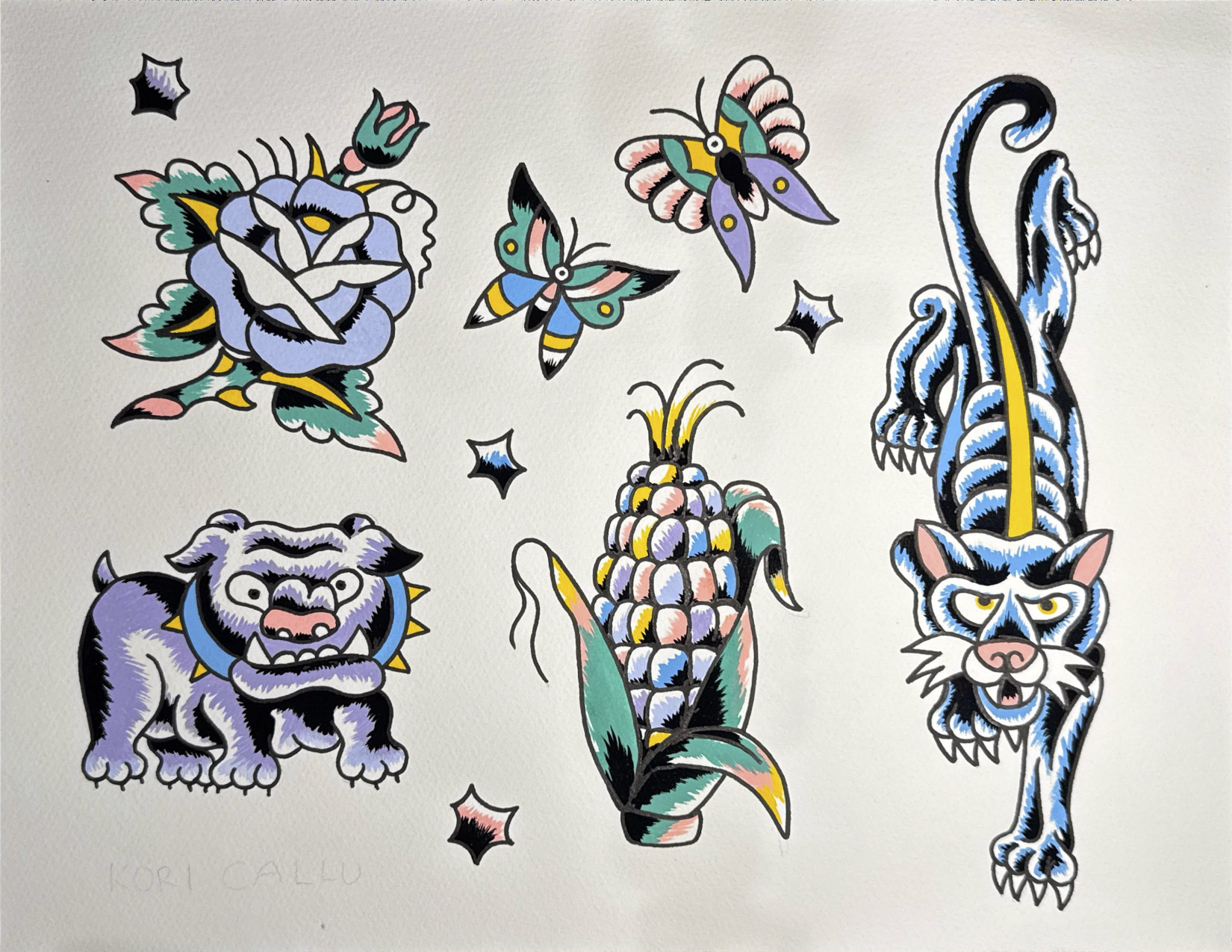Tattoo Flash Sheet  in pastel colors of a purple rose, three butterflies, a purple dog with a spiked collar, an ear of corn, and a blue and black panther with a yellow stripe down its back. The background is off-white.