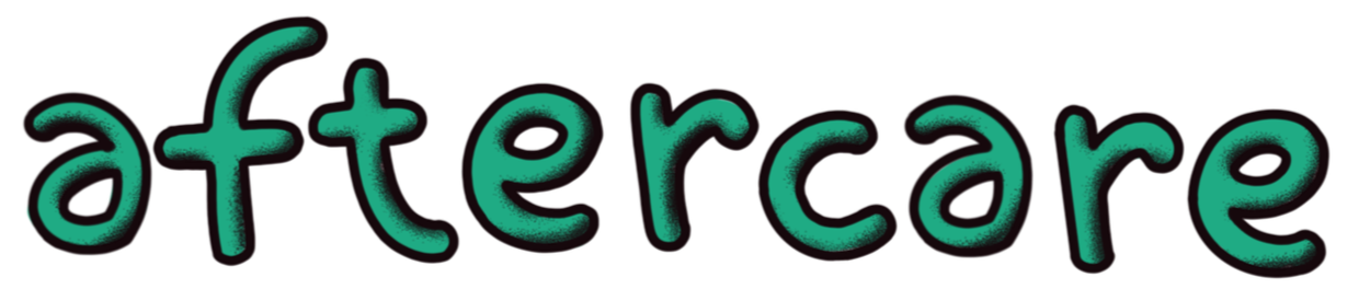 Text that reads 'aftercare' in teal with a black background.