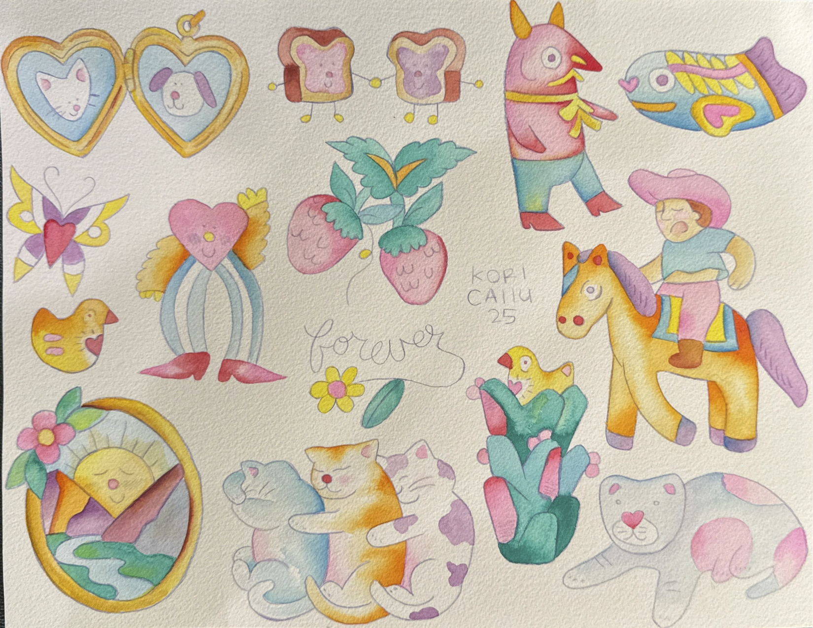 A colorful hand-drawn illustration featuring various whimsical animals and objects including cats, dogs, a butterfly, a fish, strawberries, a horse, a girl wearing a pink hat riding the horse, a rainbow, and hearts. There are also small flowers, a ra