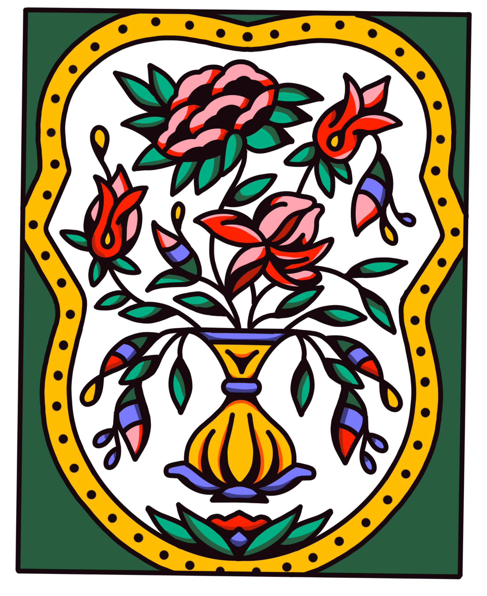 A stylized, colorful floral tattoo flash design within an ornate frame, depicting a vase with pink and red flowers and green leaves.