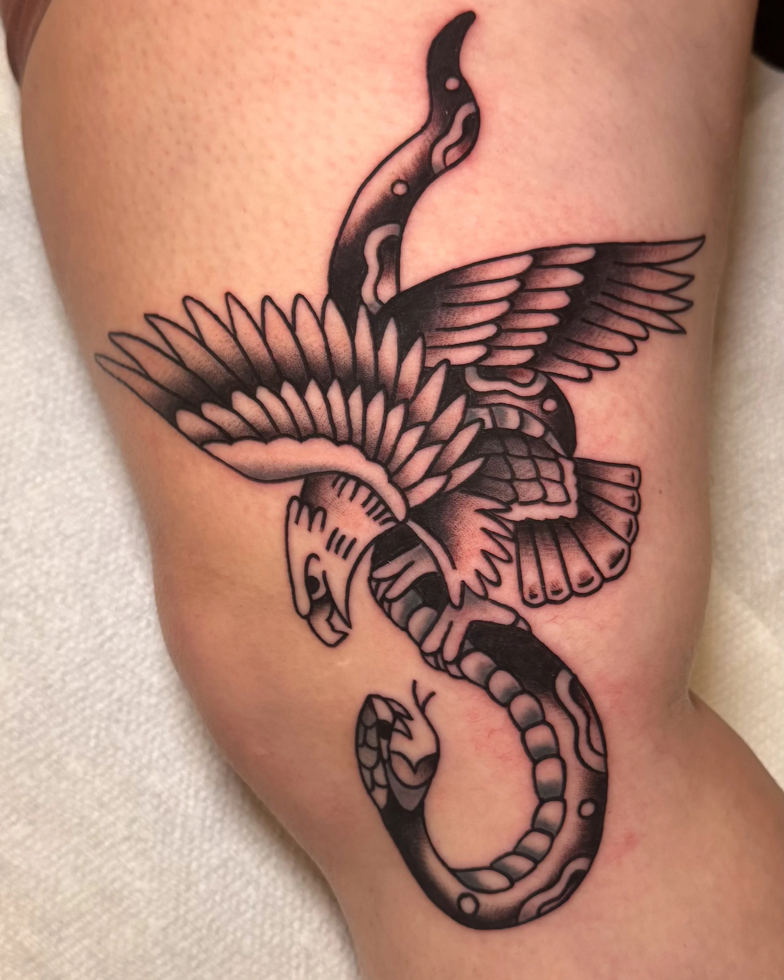 Black ink tattoo of a stylized snake and bird, with the bird's wings spread and body intertwined with the snake.