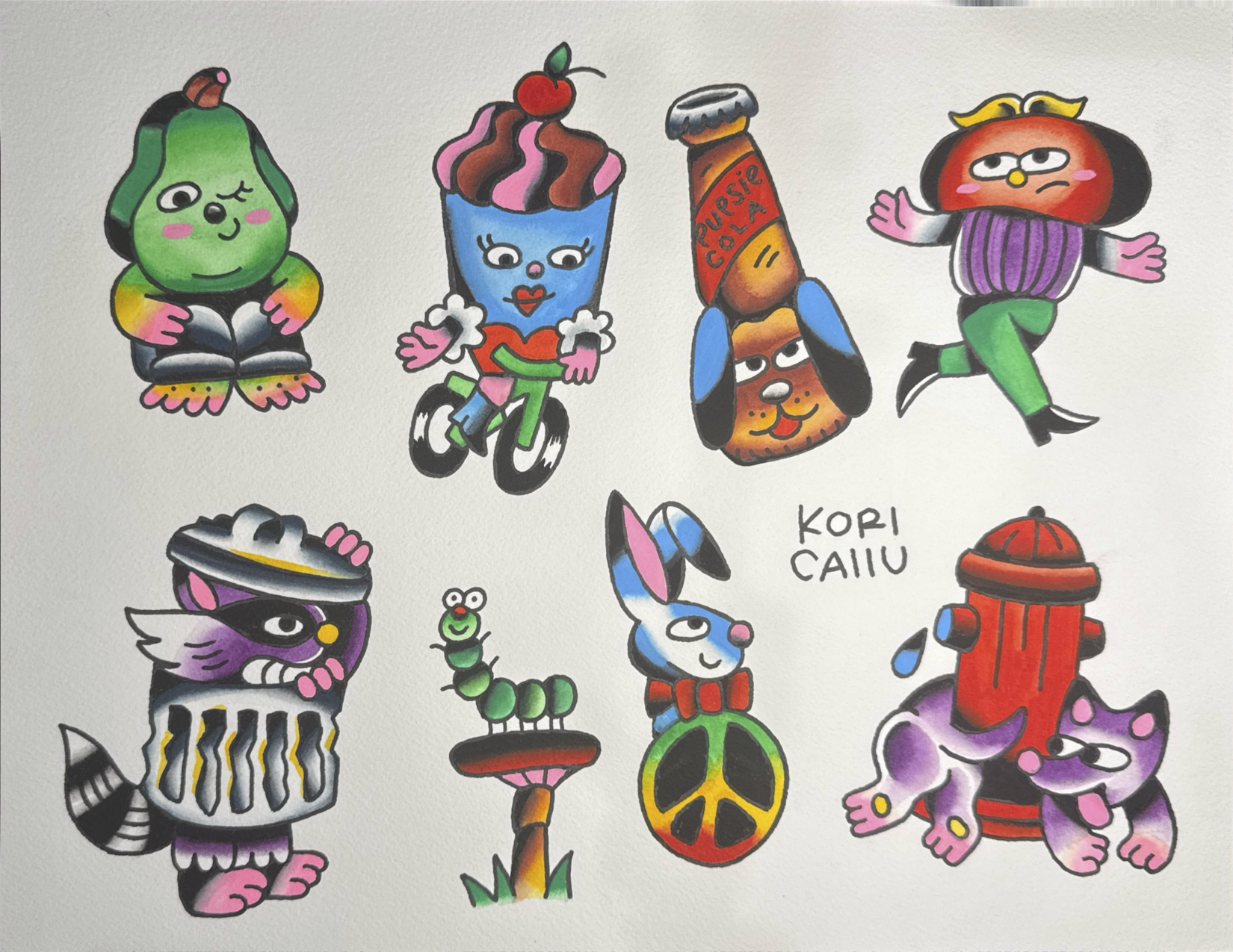 Tattoo Flash Sheet of animals, food, and characters including a pear, ice cream cone, Soda Pup, girl, a tomato head, a raccoon in a trash can, a caterpillar on a mushroom, a rabbit head atop a peace sign, and a fox circling a firehydrant.