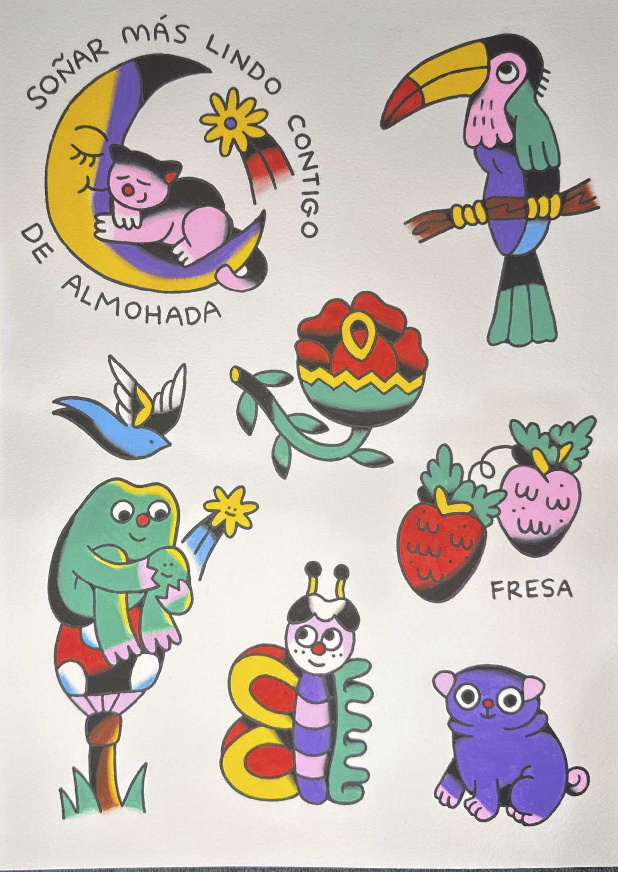 Tattoo Flash Sheet of a pink cat curled on a moon with 'Soñar más lindo contigo,' a rainbow toucan, a blue bird, a large red flower, strawberries with green leaves, a green frog holding a yellow flower, a purple dog, and a butterfly.