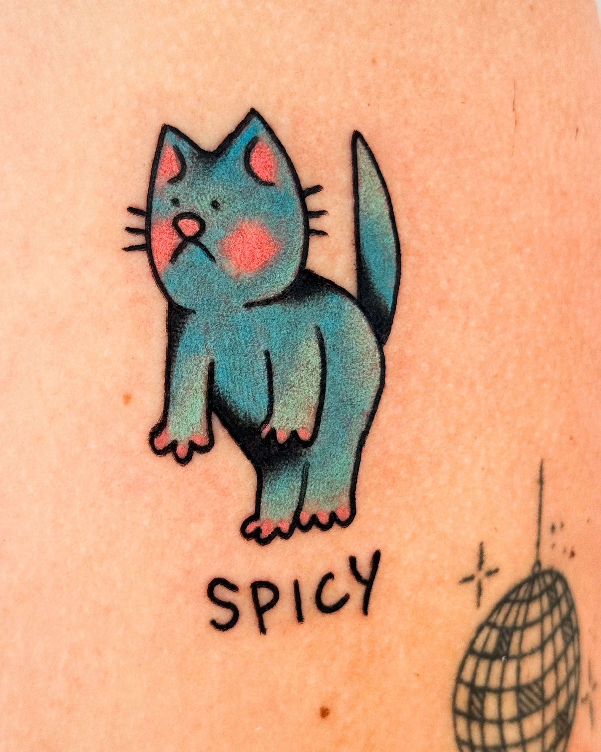 Colorful cartoon-style tattoo of a cat with a sad expression, pink cheeks, and the word 'SPICY' written below.