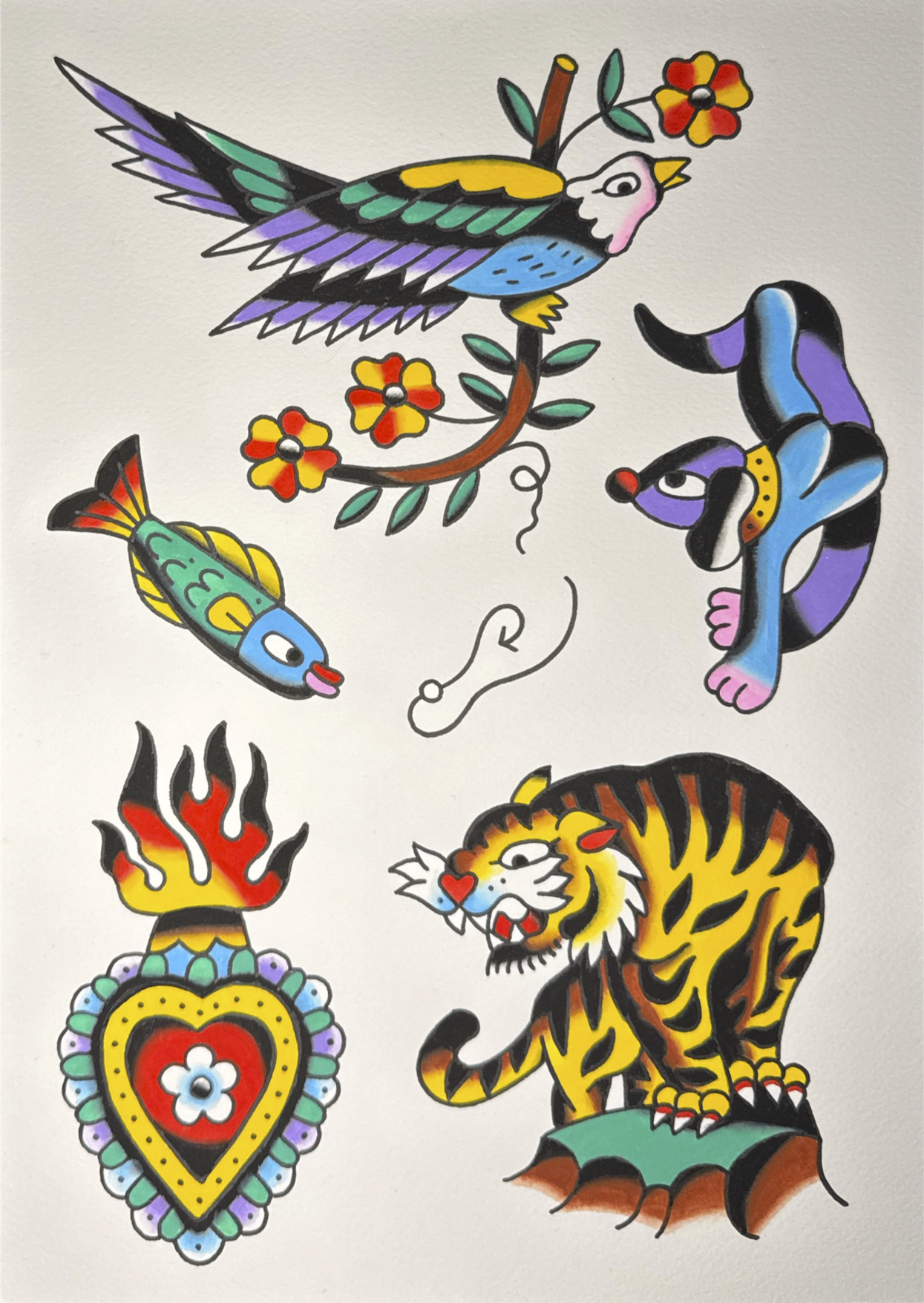 Tattoo Flash Sheet featuring a bird, a snake, a fish, a heart with flames, and a tiger.