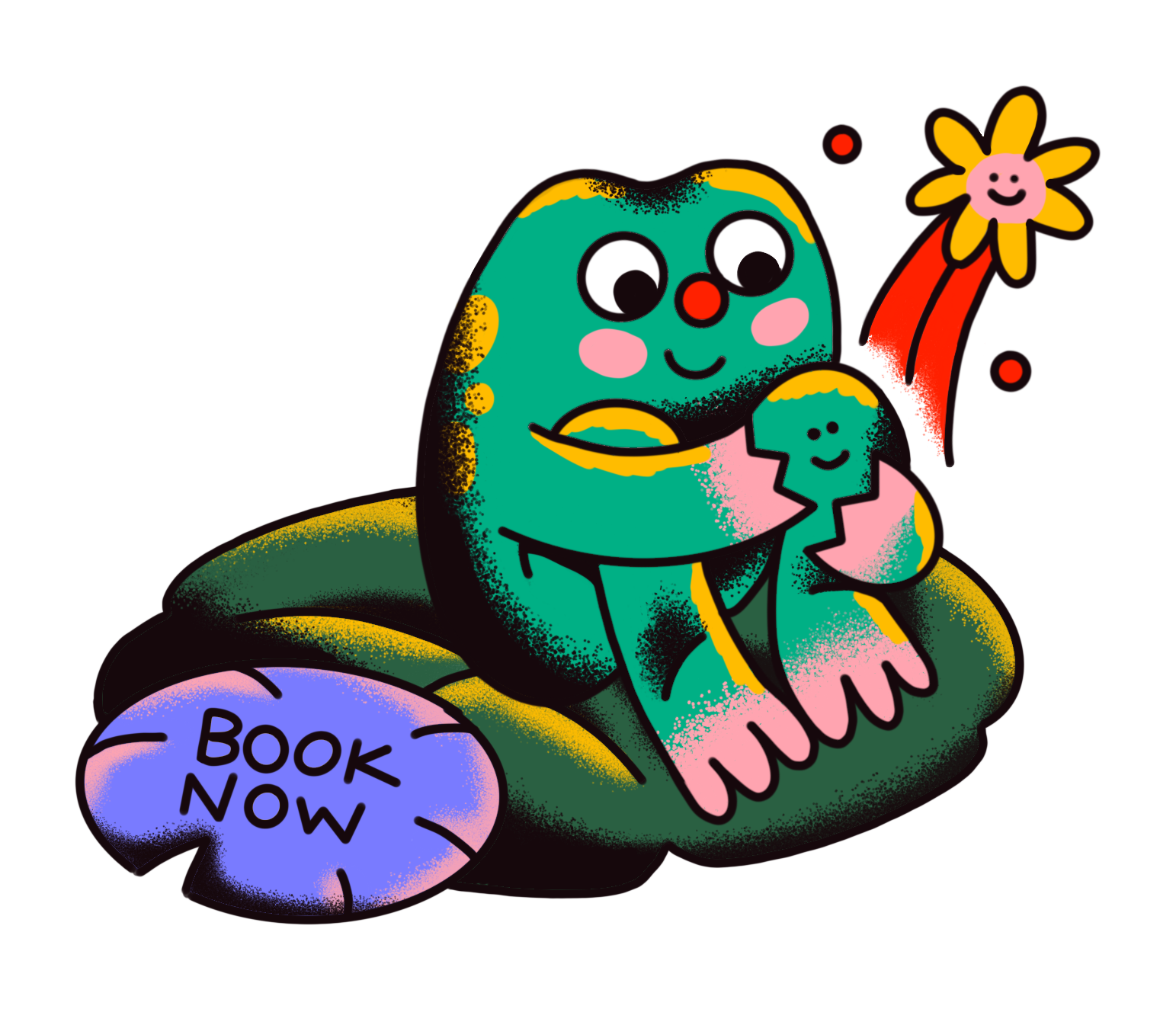 A cartoon  with big eyes and a red nose sitting on a green leaf. There is a yellow shooting star with a smiling face. The text 'Book now' is on a purple leaf-shaped sign.
