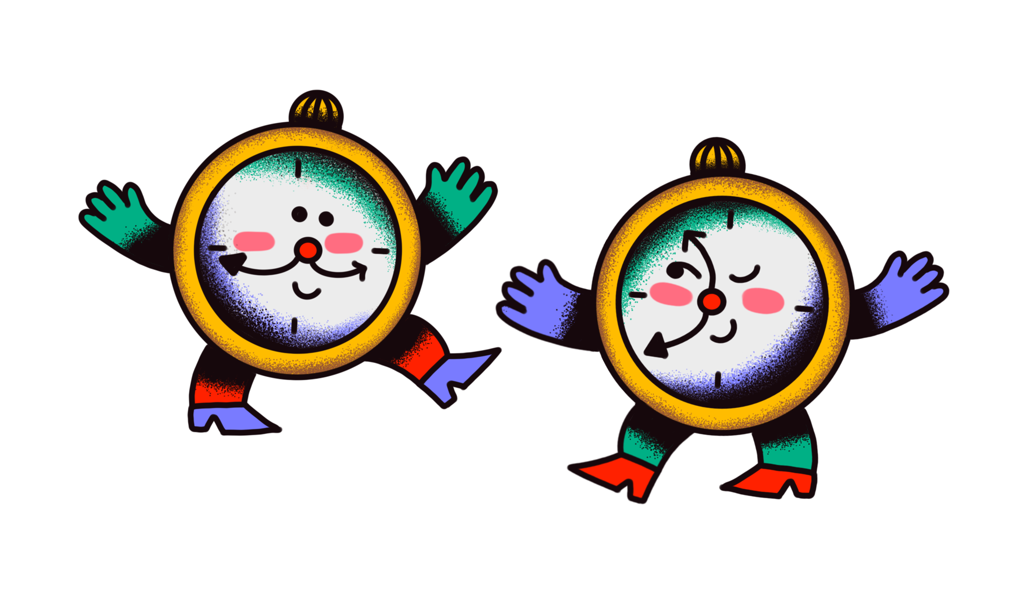 Two animated clocks with smiling faces, holding hands, with colorful gloves and shoes, celebrating together.
