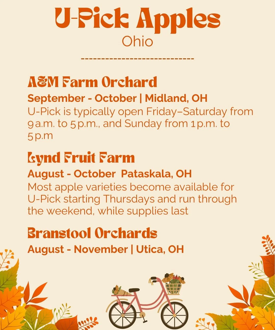 🍎✨ Apple U-Pick Season is here! ✨🍎
From Dayton to Cincinnati to Columbus, Ohio orchards are opening their fields for a sweet fall tradition. September through October is the perfect time to grab the kiddos, a wagon, and head out to pick your own ap