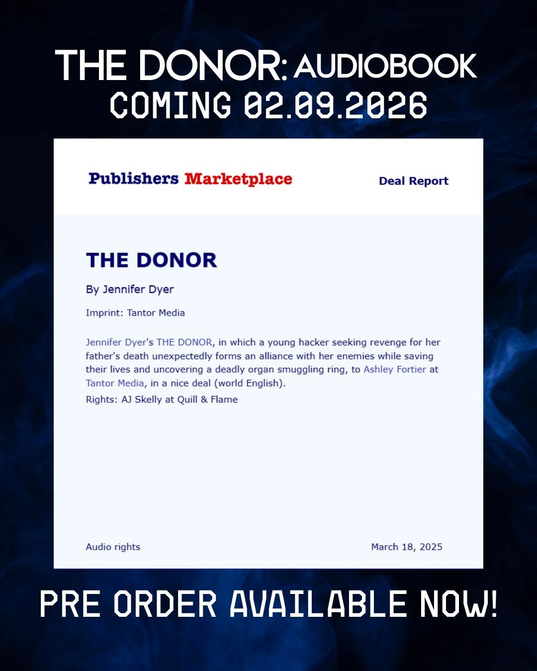 THE DONOR - a high-stakes young adult hacker thriller.

We are so excited to announce this twisty, enemies-to allies-to-maybe-more thriller by @jenndyerbooks is coming to you on audio 2.9.26 via @tantoraudio. This upper YA is an exhilarating ride of 
