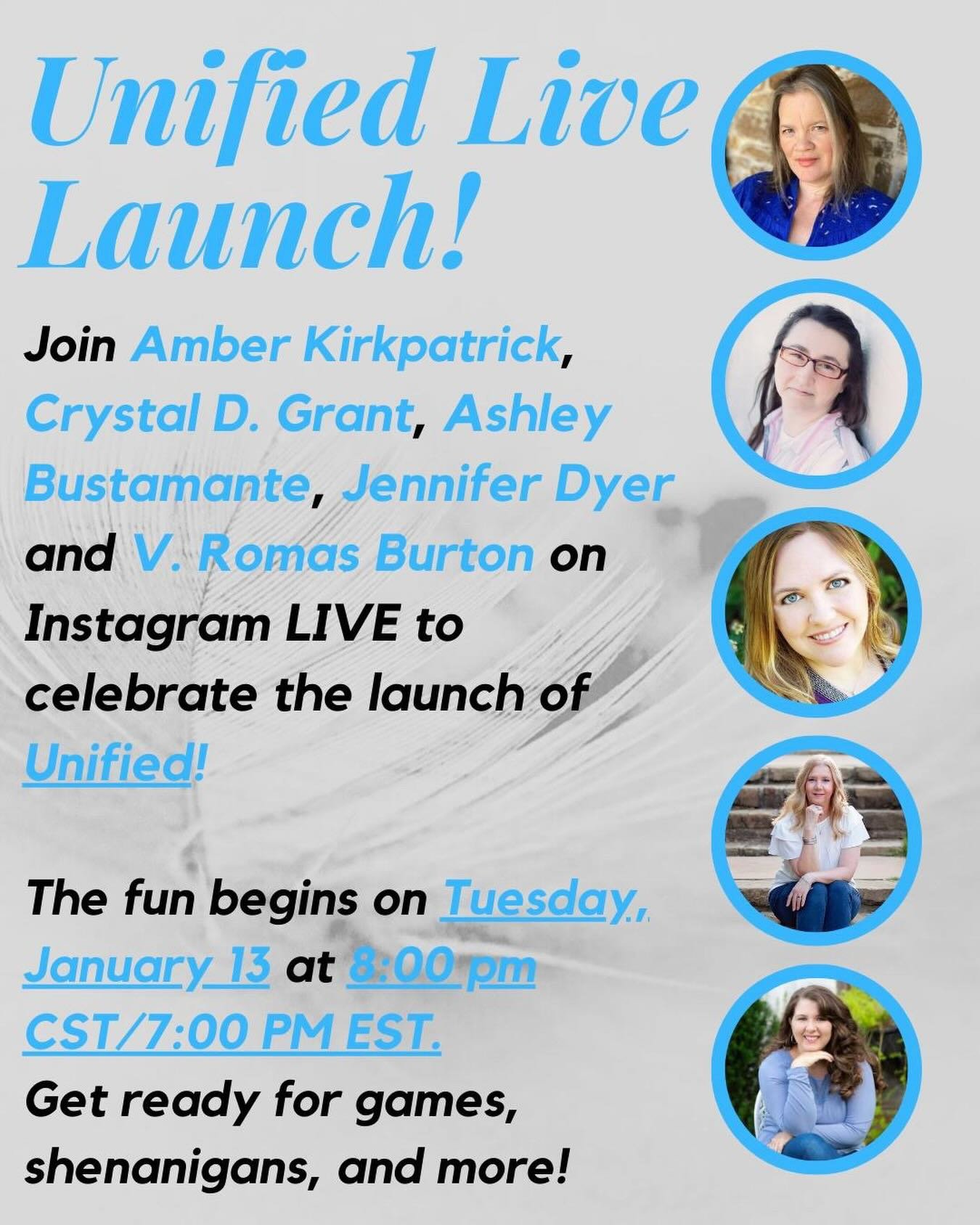 Join us next Tuesday, Jan 13 for a live chat and shenanigans to celebrate the launch of UNIFIED by @vromasburton. 

Have questions about the writing process and publishing? Bring them! 

Come hang out with us and find out why I love and admire this a