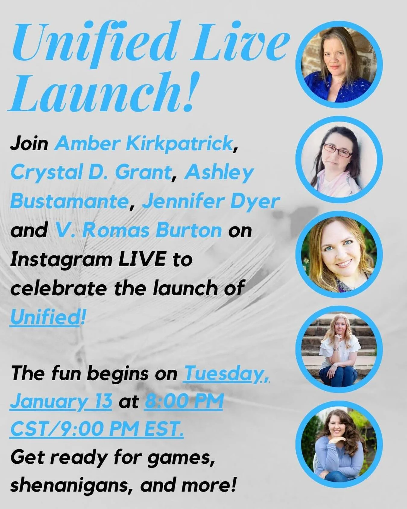 Join us tomorrow, ✨Tuesday, Jan 13✨8pm CST for a live chat and shenanigans to celebrate the launch of UNIFIED by&nbsp;@vromasburton.

Have questions about the writing process and publishing? Cover design? Plotting? Have book questions? Need to know h